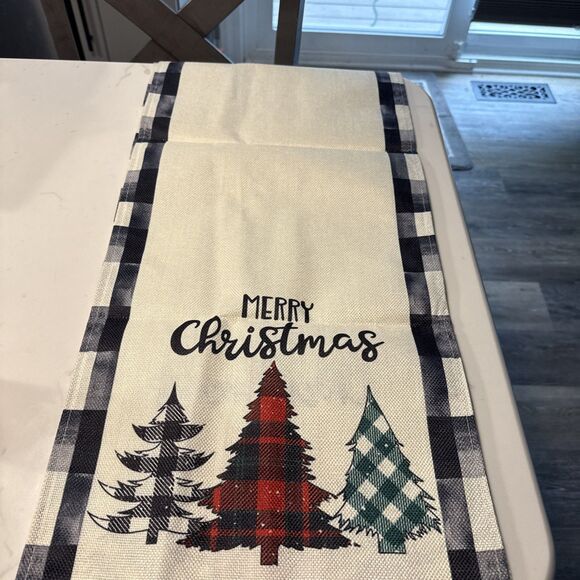 Merry Christmas Trees White Buffalo Check Table Runner 70" X 12.5" New! - Picture 3 of 5